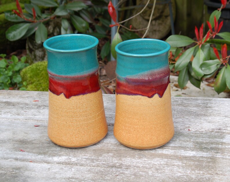 Pair 2 Walt Glass 1943-2016 Studio Art Pottery Rare 44 oz. Tankard, Stein, Giant Mug Texas Sunset Drip Glaze Teal, Magenta, Sand 3 image 6