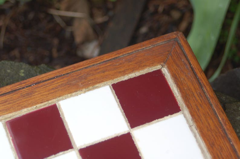 Hand Crafted, Framed, Folk Art, Inlaid Tile, Signed, Dated, Primitive, Chess Board 1954 Signed and Dated Brown & White Tile Chest Board image 4