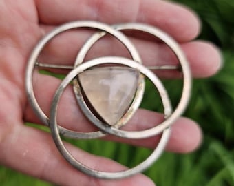 Great Falls Metal Works (GFMW) 3 Intertwined Circles with a Triangle Rose Quartz Stone Bezel Sterling Silver Modernist Brooch