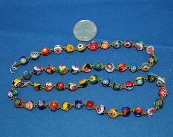 Wonderful Vtg Venetian Millefiori Murano Italian Round Art Glass Bead 25" long Necklace ~ Beautiful Multi Color 25" L Glass Bead Necklace