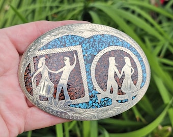 Vintage L/W Handcrafted Western Style German Silver with Turquoise and Coral Inlay Dancing Couples 4" * 3 Belt Buckle ~ EUC