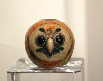 Jorge Wilmot Tonala Stoneware Miniature Round Owl ~ signed on side w/ underlined W ~ Mexican Folk Art ~ Excellent Condition