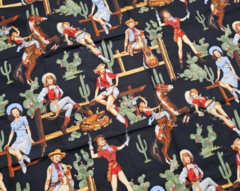 Alexander Henry "From the Hip" Fabric Vtg 2000 OOP Rare Cowgirl Pin Up Western Cotton Fabric Black 44" x 42" ~ Out of Print Quilting Cotton