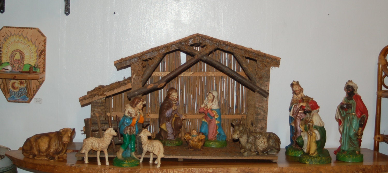 Colorful PAPER MACHE NATIVITY, Four Pieces, Mexico Nativity Set