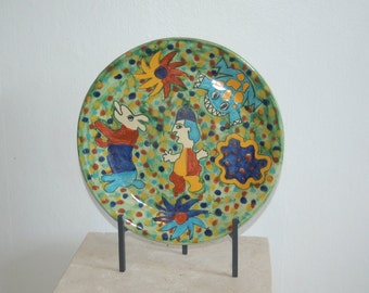 Vintage Talavera Vázquez Dolores Hidalgo Mexico Bright Whimsical Childlike Frog, Dog, Man 12" Majolica Pottery Plate / Charger ~ 1960's