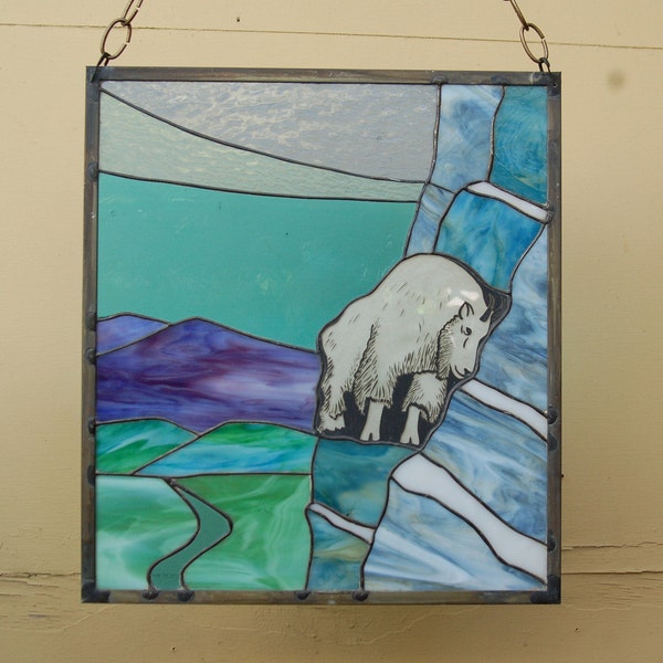 Vtg / Antique Hand Painted Leaded Stained Glass Mountain Goat Scene ~ Rocky Mountain Goat's Birds' Eye View Hand Painted Lead Stained Glass