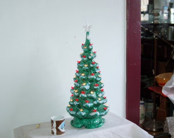 Lg Vtg. 25 1/2" tall Snow Draped Forest Green 2 piece Ceramic Christmas Tree w/ Stand, Red & Crystal Bird Bulbs, 3" Crystal Star ~ Excellent