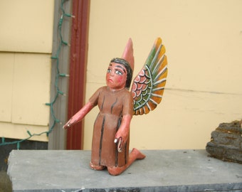 Vintage Guerrero, Mexican Folk Art 14" Painted Carved Wooden Kneeling Angel ~ Religious Statue ~ Guatemalan ~ Guardian Angel ~  Catholicism