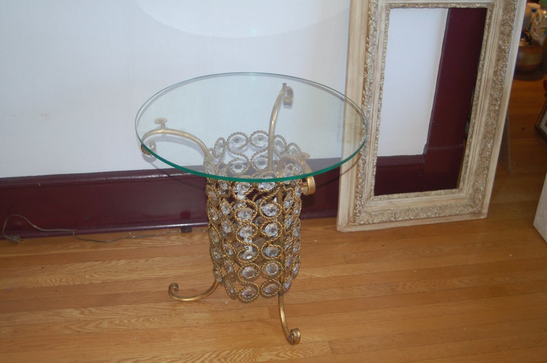 Banci Firenze Hollywood Regency Italian Unique Illuminated Glass Topped Table w/ Gilt Metal & Crystal Prisms 60s Rare Italy Lead Crystal image 2