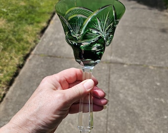 Vintage, Unusual, Stunning, Bohemian Emerald Green / Kelly Green Cut-to-Clear Pinwheel Crystal Wine Glass / Hock / Goblet 8" Tall