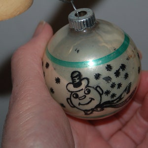 Vintage Shiny Brite Mercury Glass White, Green & Black Stenciled Snowman Christmas Ornament EUC One Stenciled Christmas Ornaments 1950's image 4