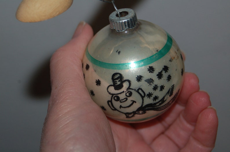 Vintage Shiny Brite Mercury Glass White, Green & Black Stenciled Snowman Christmas Ornament EUC One Stenciled Christmas Ornaments 1950's image 4