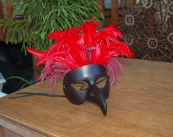 Newman's Commedia Mask Company's Handmade Leather Feathered Crow / Raven Theater / Masquerade / Fantasy / Renaissance Fair Half Face Mask