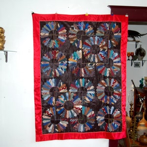 Vintage Silk, Wool, Satin Men's Ties Dresden Plate Squares w/ Hand Embroidered Top Stitching & Bright Beautiful Red Satin Backing 66 x 52 image 1