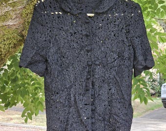 Vtg 1950s Julius Garfinckel Black Ribbon Crochet Shirt Jacket ~ MCM Couture Open Knit Lace Blouse w Scalloped Collar & Crochet Ball Buttons