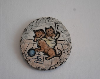 Three Little Brown Kittens Playing in Blue Yarn by Pacific NW Artist Stan Langtwait, Shapes of Clay Mt. St. Helen Ash Garden / Wall Plaque