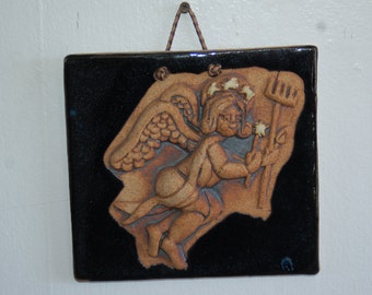 Garden Fairy Stoneware High-Relief Garden Art Hanging Tile ~ Indigo & Stoneware Garden Decor Wall Tile ~ Garden Art ~ Fairies Gardening ~