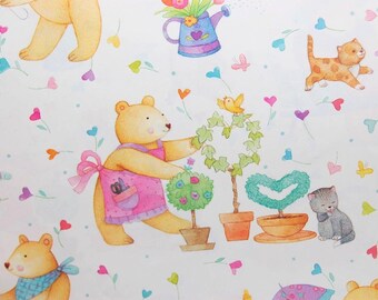 Vintage Springtime Teddy Bear Gift Wrap, Flowers & Kittens, NOS
