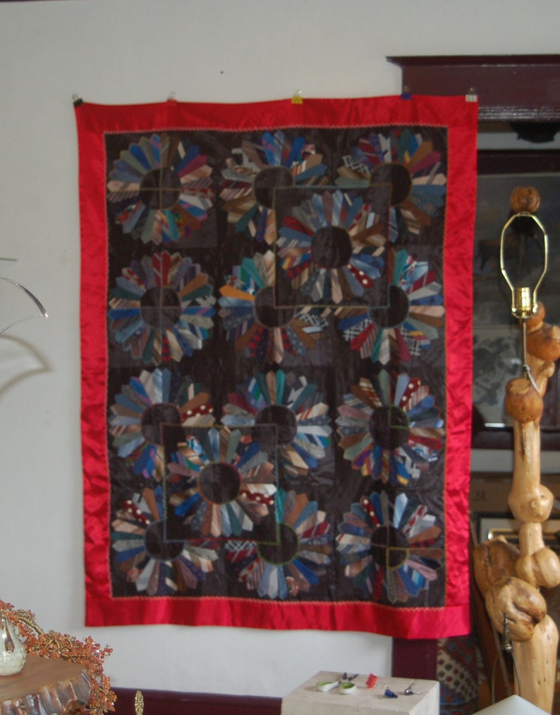 Vintage Silk, Wool, Satin Men's Ties Dresden Plate Squares w/ Hand Embroidered Top Stitching & Bright Beautiful Red Satin Backing 66 x 52 image 2