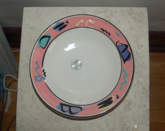 Debra Klausner Postmodern Art Pottery 9" Coral Geometric Textured Frame Large Salad / Soup Bowl ~ Klausner Colorful Porcelain Bowl - EUC