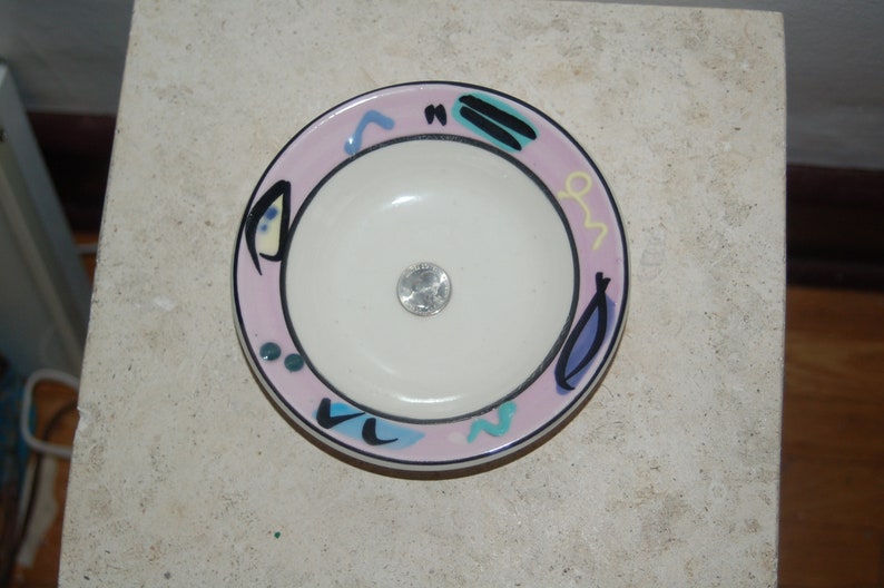 Debra Klausner Postmodern Art Pottery 6 5/8 Pink Geometric Textured Frame Small Salad / Dessert Bowl Klausner Colorful Porcelain Bowl image 1