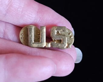 WWII US Army Officer U.S. Collar Insignia Pin, Brass Uniform Lapel Badge Hallmarked Gemsco NY, Authentic Mid-Century Militaria Memorabilia