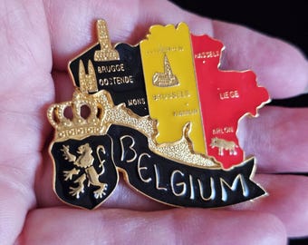 Vtg Belgium Map Refrigerator Magnet, Enamel Country Flag Design, Souvenir Collectible Magnet, Brussels Brugge Liège Landmark Decor, Memento