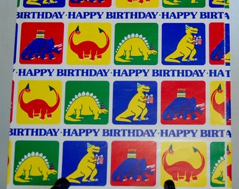 Papier cadeau joyeux anniversaire Dinosaures avec cadeaux d'anniversaire, chapeaux et gâteaux, papier cadeau dinosaure pour enfant, 1986 Feuille Artfaire NOS FF