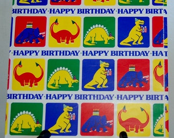 Dinosaurs w/ Birthday Presents, Hats & Cakes Happy Birthday Gift Wrap, Children's B-Day Dino Gift Wrapping Paper, 1986 Artfaire NOS FF Sheet