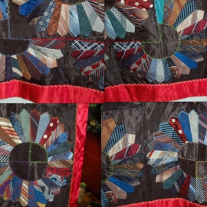 Vintage Silk, Wool, Satin Men's Ties Dresden Plate Squares w/ Hand Embroidered Top Stitching & Bright Beautiful Red Satin Backing 66 x 52 image 8