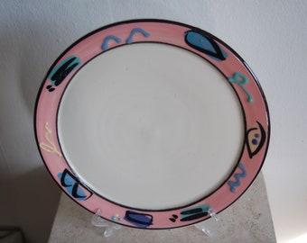 Debra Klausner Postmodern Art Pottery 11" Pink Geometric Textured Frame Dinner Plate ~Klausner Colorful 11" Porcelain Dinner Plate ~ EUC