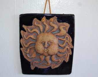 Stoneware Anthropomorphic Chubby Cheek Jazzy Sun w/ a Dark Indigo Glazed Background Garden Art Tile / Plaque ~ Pacific NW ~ Let the Sun In