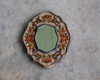 Vintage Reverse Painted Glass Floral Cajamarca Folk Art Wall Mirror with Wood Backing and Hanger 1960's Souvenir Peru ~ VG condition