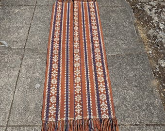Vtg Indonesian Warp Ikat Textile - Handwoven Tenun Ikat Tapestry Wall Hanging, Terracotta & Indigo Blue Tribal Pattern, Boho Throw Runner