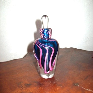 James Alloway Contemporary Dichroic Art Glass Perfume Bottle ~ Neon Pink Ribbon w/ Midnight Blue background
