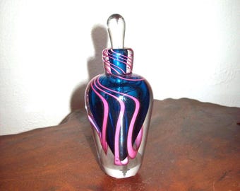 James Alloway Contemporary Dichroic Art Glass Perfume Bottle ~ Neon Pink Ribbon w/ Midnight Blue background