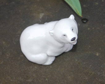 Beautiful White Porcelain Lomonosov sitting Polar Bear Cub ~ Made in the old USSR / Russia ~ Excellent Condition