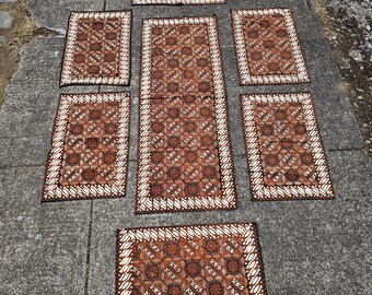 Authentic Vtg Indonesian Batik Table Runner & 6 Placemats Set, Hand Waxed Javanese Cotton Dining Linens, Batik Winotosastro Yogyakarta Sogan