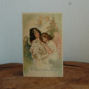 Fröhliche Weihnachten Merry Christmas Embossed Ungeteilte, unbenutzte MSiB Deutsche Postkarte von Mother & Child Angels w Christmas Tree, Baby Angels