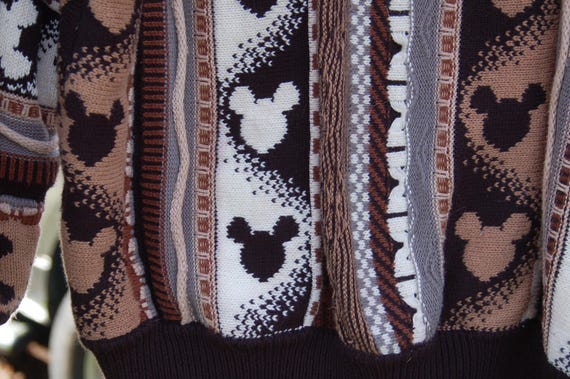 Vintage 90's DISNEY Mickey Mouse All Over Print Size XXL COOGI Style Sweater ~ 1990's Mickey Mouse Tan, Brown, Cream Coogi 3D Style Crewneck