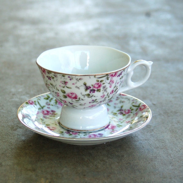 Lefton Bone China Teacup and Saucer #05617 w Tiny Pink Roses & a windup Musical Teacup that Plays "Spoonful of Sugar" Made in Japan ~ EUC