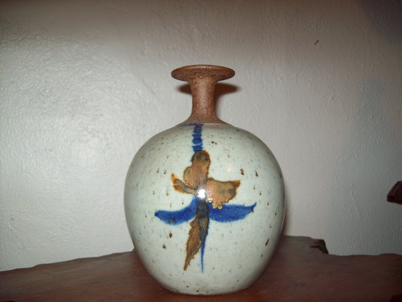 Ralph Lodewick Art Studio Weed Pot Glazed Stoneware with two sided abstract Cobalt and Honey decorations Master Oregon Potter image 1