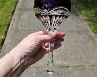 Vintage, Stunning, Bohemian Ruby Red Cut-to-Clear Crystal Wine Glass / Hock / Goblet 8" Tall