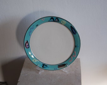 Debra Klausner Postmodern Art Pottery 11" Teal Blue Geometric Textured Frame Dinner Plate ~Klausner Colorful 11" Porcelain Dinner Plate EUC