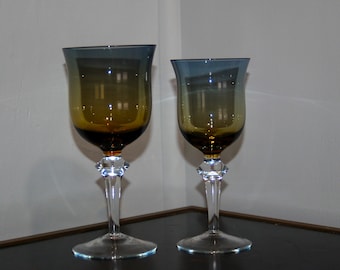 Gorgeous Vintage Pair (2) Denby Aurora Krosnos Blue Amber 7.75" t Water / Wine & 7" t Wine Glasses Bluerina Poland / Sweden ~ Excellent