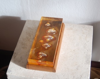 Honey Amber Lucite Acrylic Table Sculpture w/ Bubble Inclusions ~ Erupting Bubbles Honey Amber Lucite Acrylic Table Sculpture in Wood Holder