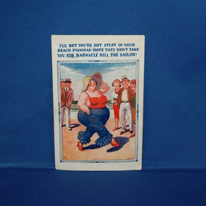 Unusual Vintage Squeaker Seaside Saucy Hot Stuff Comic Humor Sailor Divided Postcard ~ 1940's / 50's Beach Pyjamas Postcard ~ Good Condition