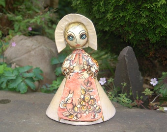 Vintage Abelardo Ruiz Blue Eyes Paper Mache / Papier Mache Girl Doll w/ Bonnet Figurine~ Mexican Folk Art ~ 12" tall ~ Signed on Base