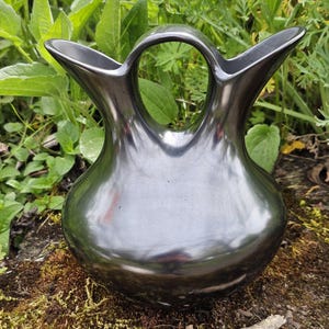 Könnte beinhalten: Eine glänzend schwarze Keramikvase mit einem einzigartigen Design. Die Vase hat einen abgerundeten Körper, zwei ausgestellte Ausgüsse und einen kreisförmigen Griff. Die Vase steht auf einer moosigen Oberfläche mit grünem Laub im Hintergrund.