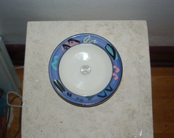 Debra Klausner Postmodern Art Pottery 6 5/8" Purple Blue Geometric Textured Frame Small Salad / Dessert Bowl ~ Klausner Porcelain Bowl ~ EUC